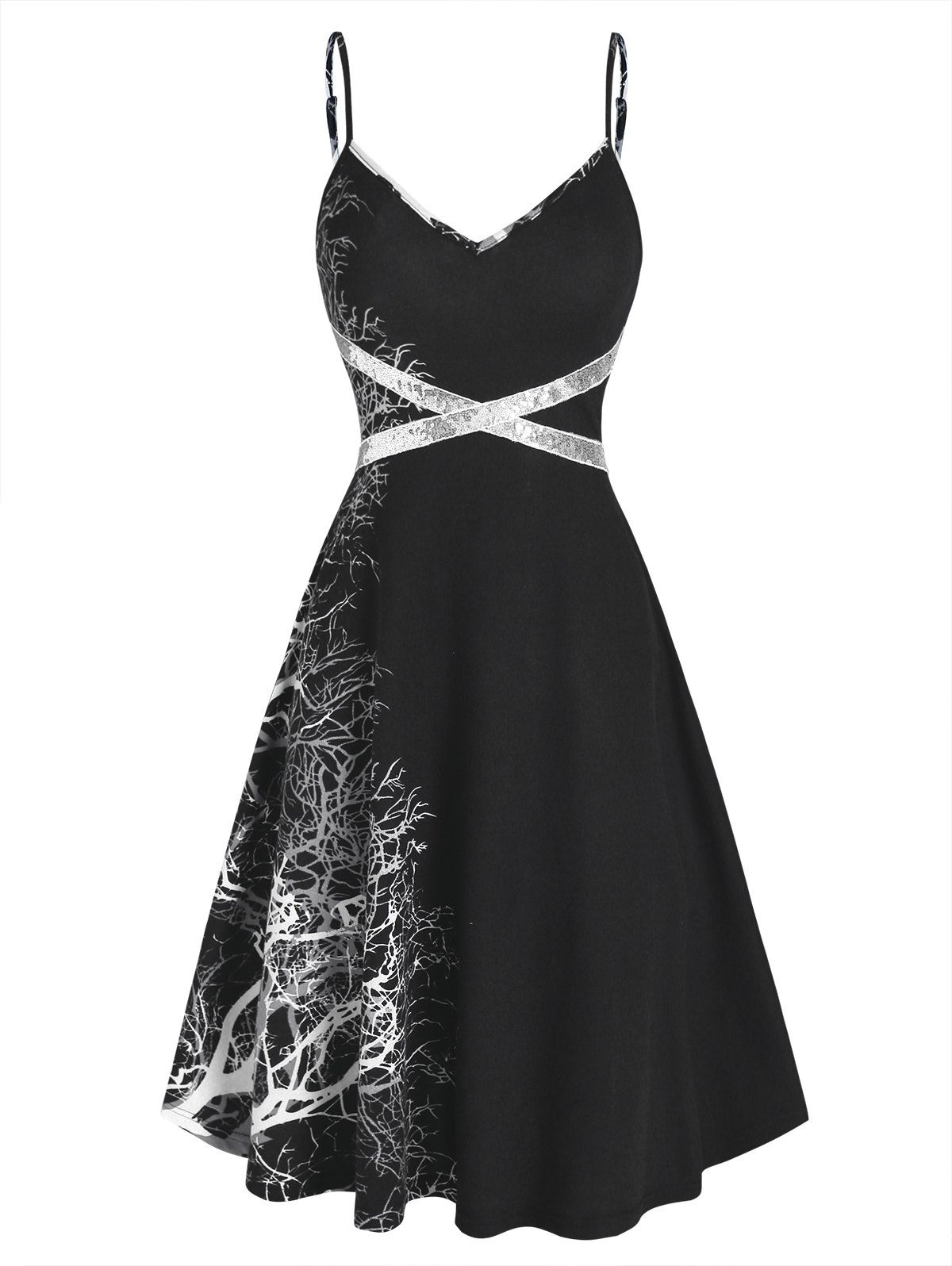 

Spaghetti Strap Tree Print Sequined Dress, Black