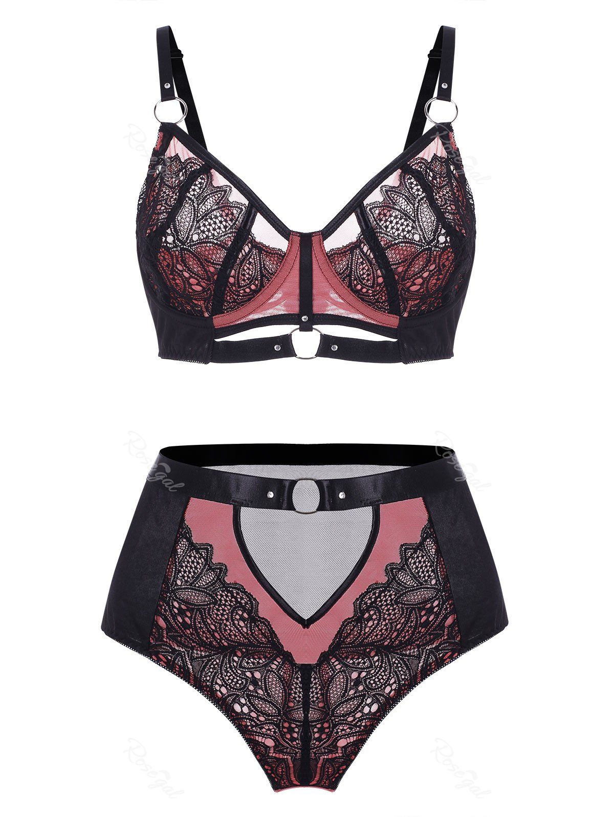 

Plus Size Lace Insert O Ring Cutout Lingerie Set, Light pink