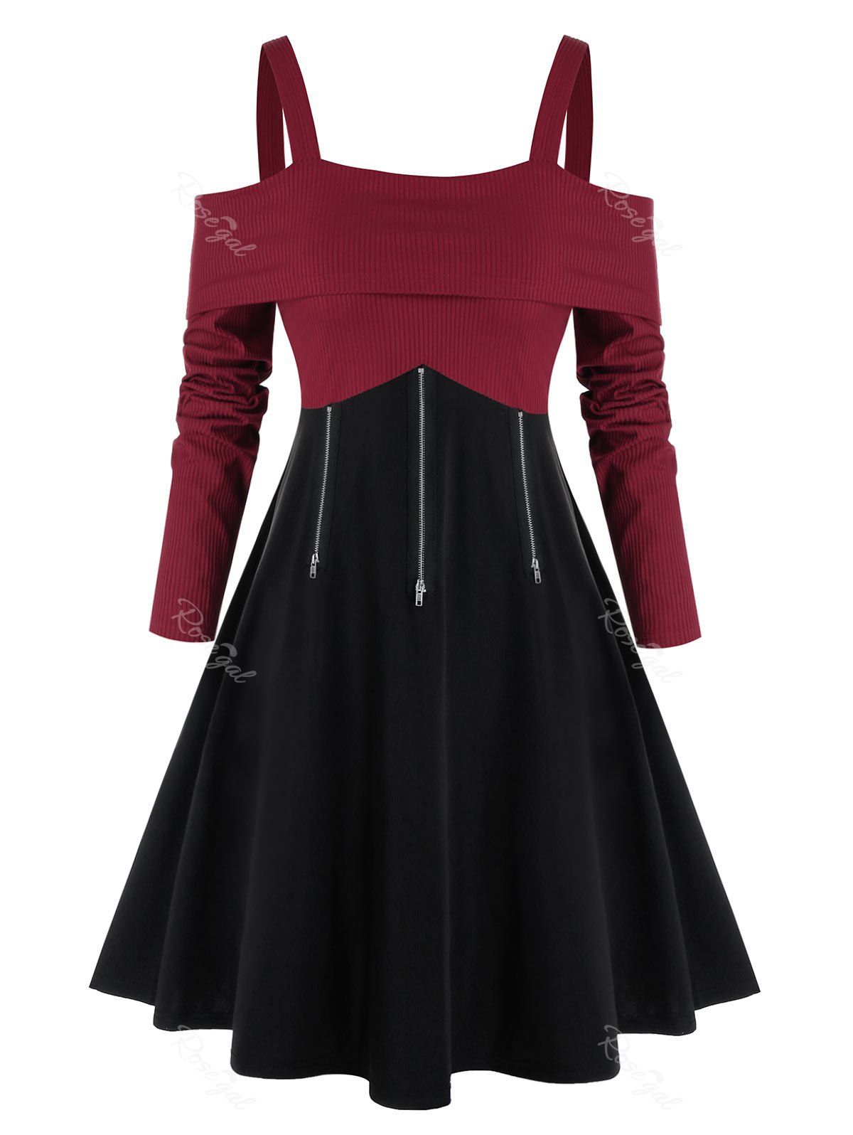 

Plus Size Two Tone Zip Cold Shoulder Foldover Ribbed Dress, Red wine