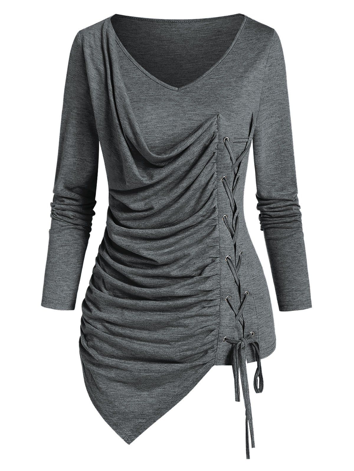 

Plain V Neck Lace Up Asymmetrical T Shirt, Dark gray