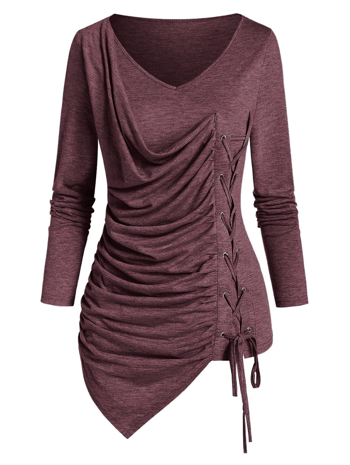 

Plain V Neck Lace Up Asymmetrical T Shirt, Rosy finch