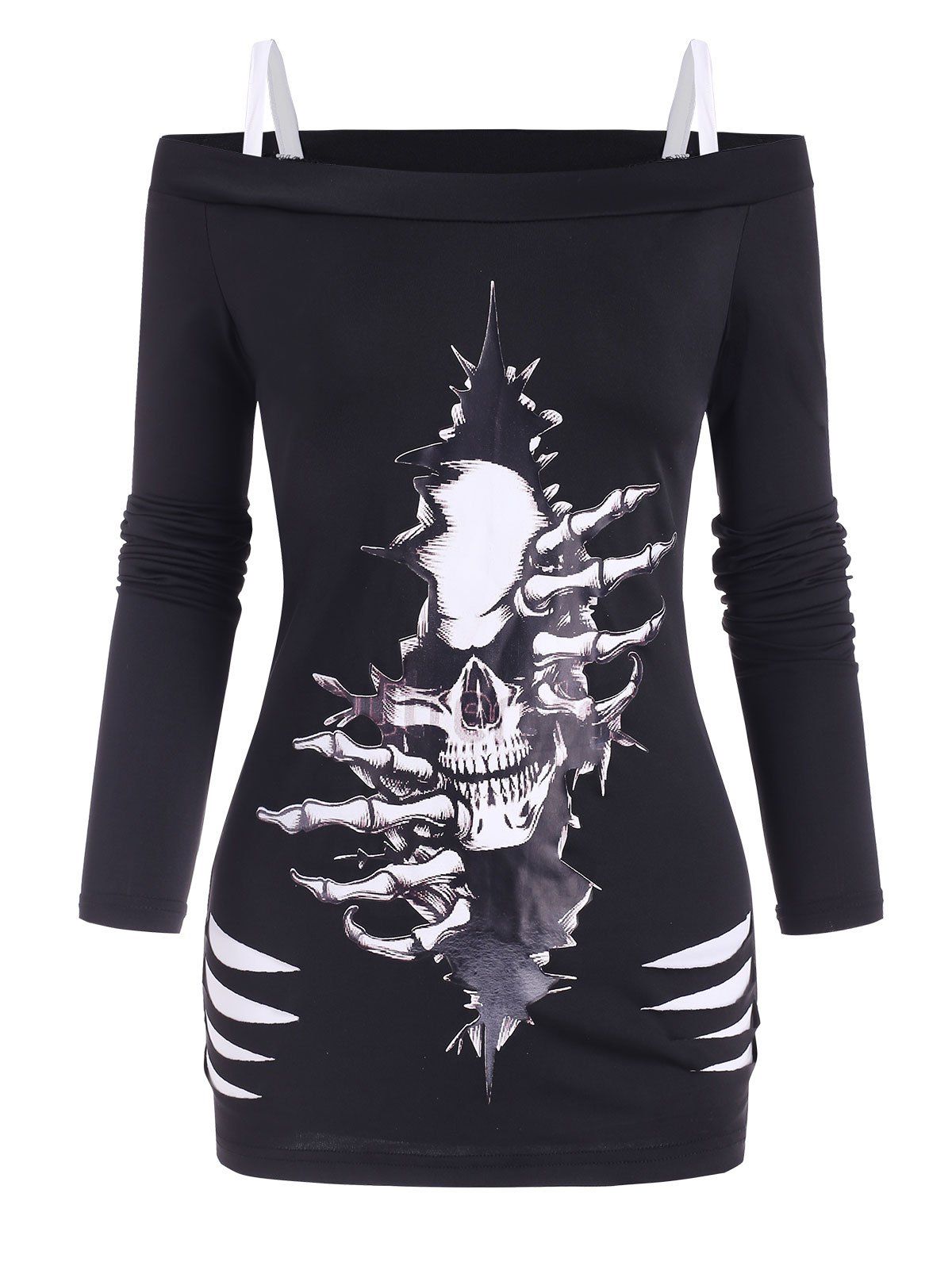 

Halloween Skull Open Shoulder Cutout Combo Top, Black