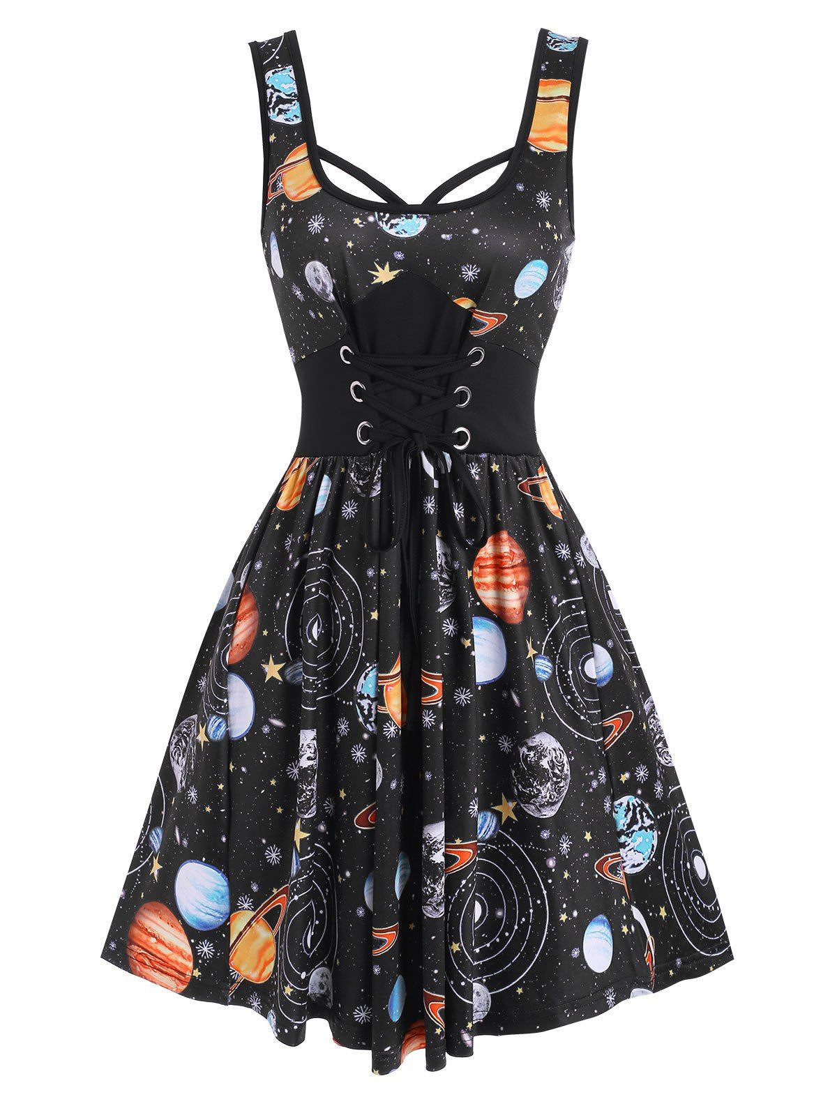 

Lace-up Galaxy Planet Print A Line Dress, Black