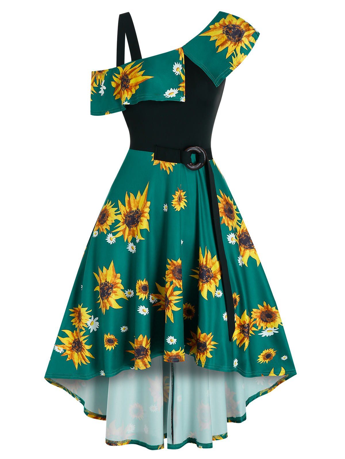 

Sunflower Printed Skew Collar High Low Dress, Medium sea green