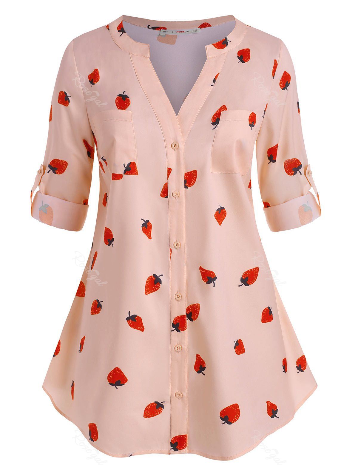 

Tab Sleeve Strawberry Print Front Pockets Plus Size Shirt, Light pink