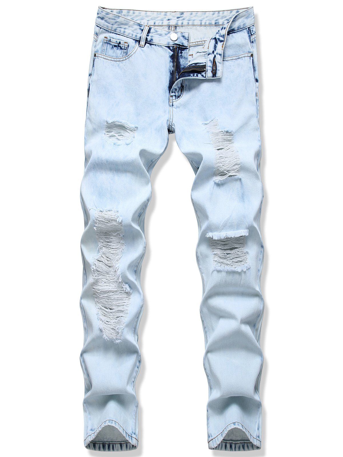 

Distressed Long Destroy Wash Denim Pants, Light blue