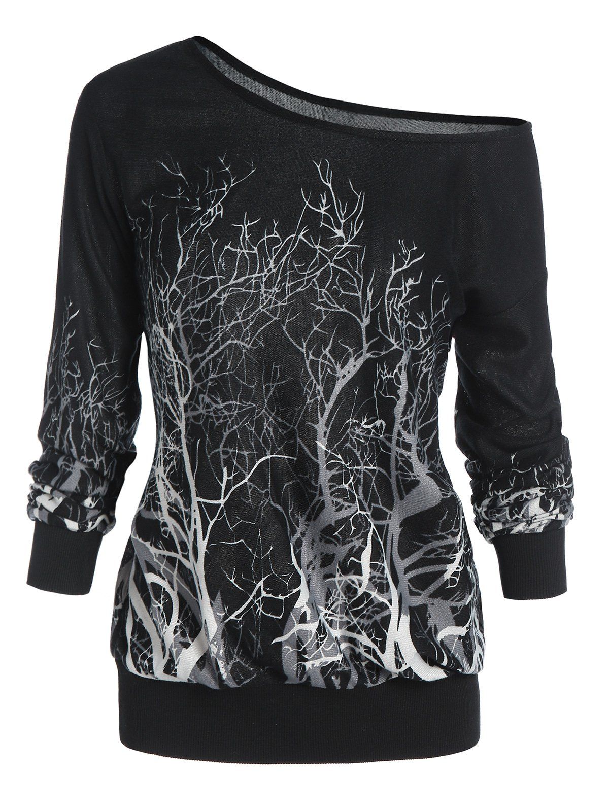 

3D Tree Print Skew Neck Gothic Halloween Sweatshirt, Black