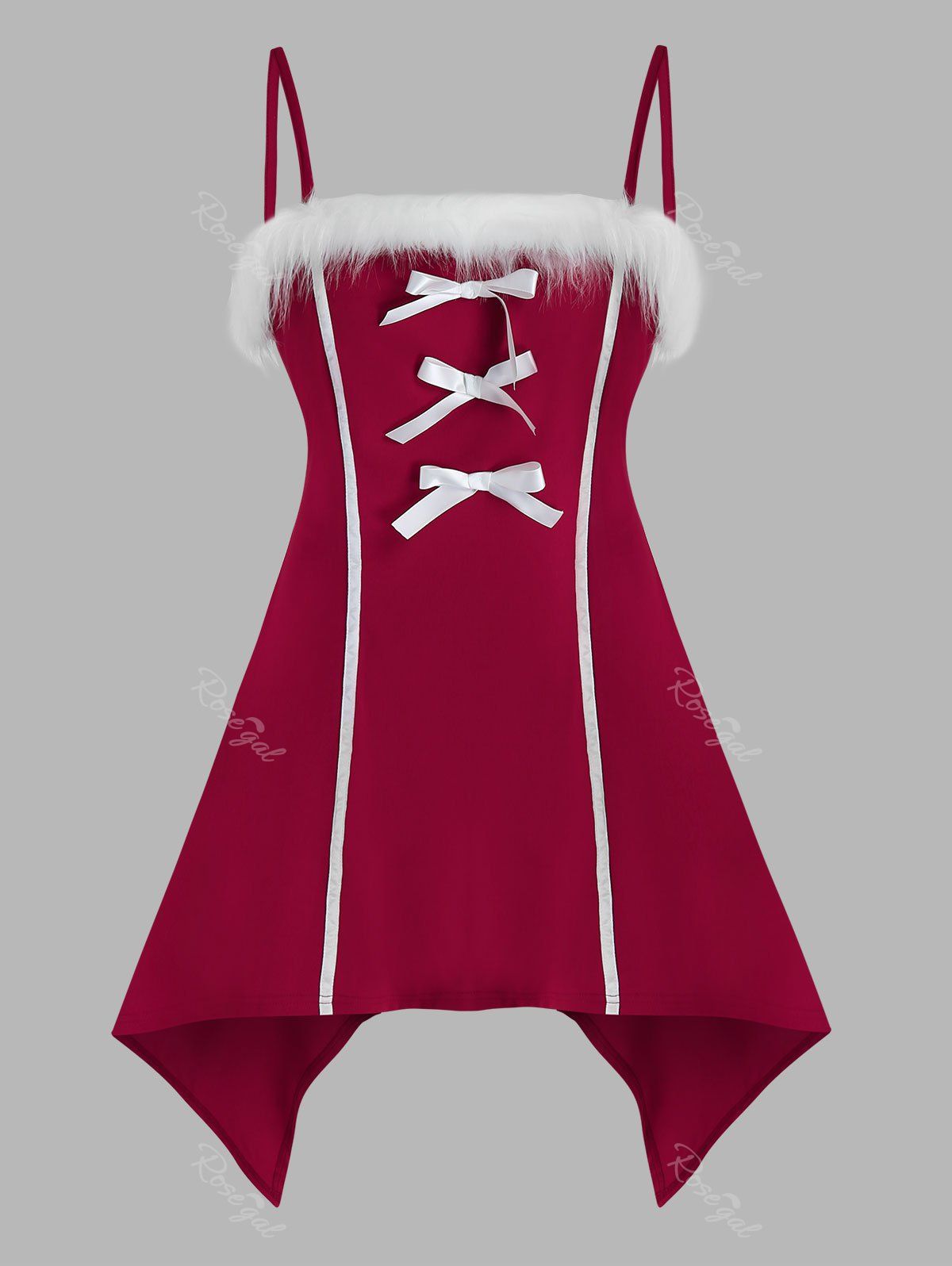 Plus Size Bowknot Hanky Hem Faux Fur Christmas Cami Dress Set