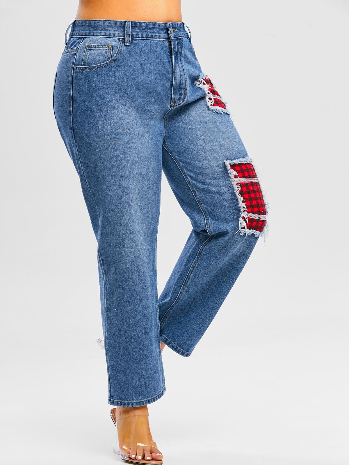 Plus Size Distressed Plaid Patch Jeans [37 OFF] Rosegal