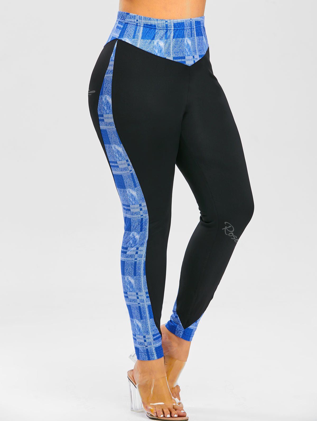 

Plus Size Plaid High Rise Skinny Pants, Sky blue