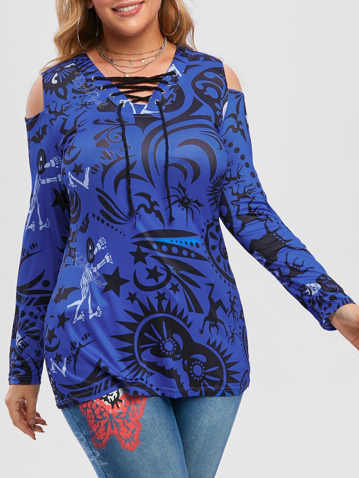 

Plus Size Halloween Printed Lace-up Cold Shoulder Tunic Top, Deep blue