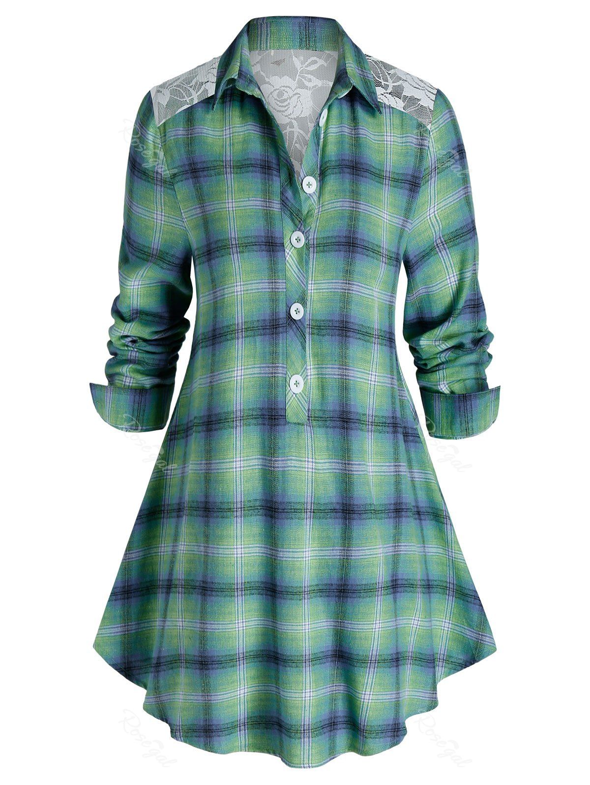 

Plus Size Plaid Print Lace Panel Tunic Blouse, Light green