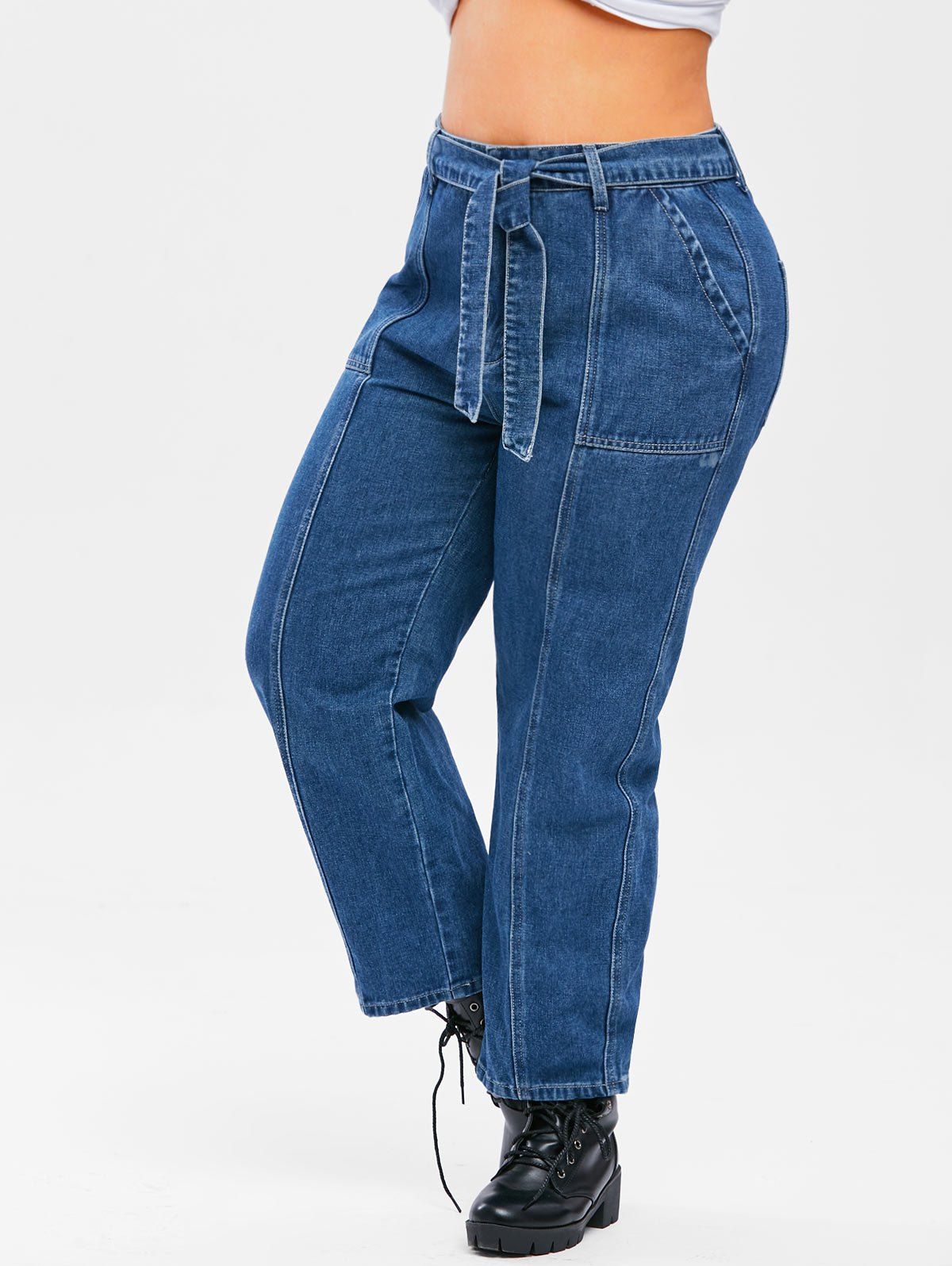 Fancy Plus Size Topstitching Belted Wide Leg Jeans  