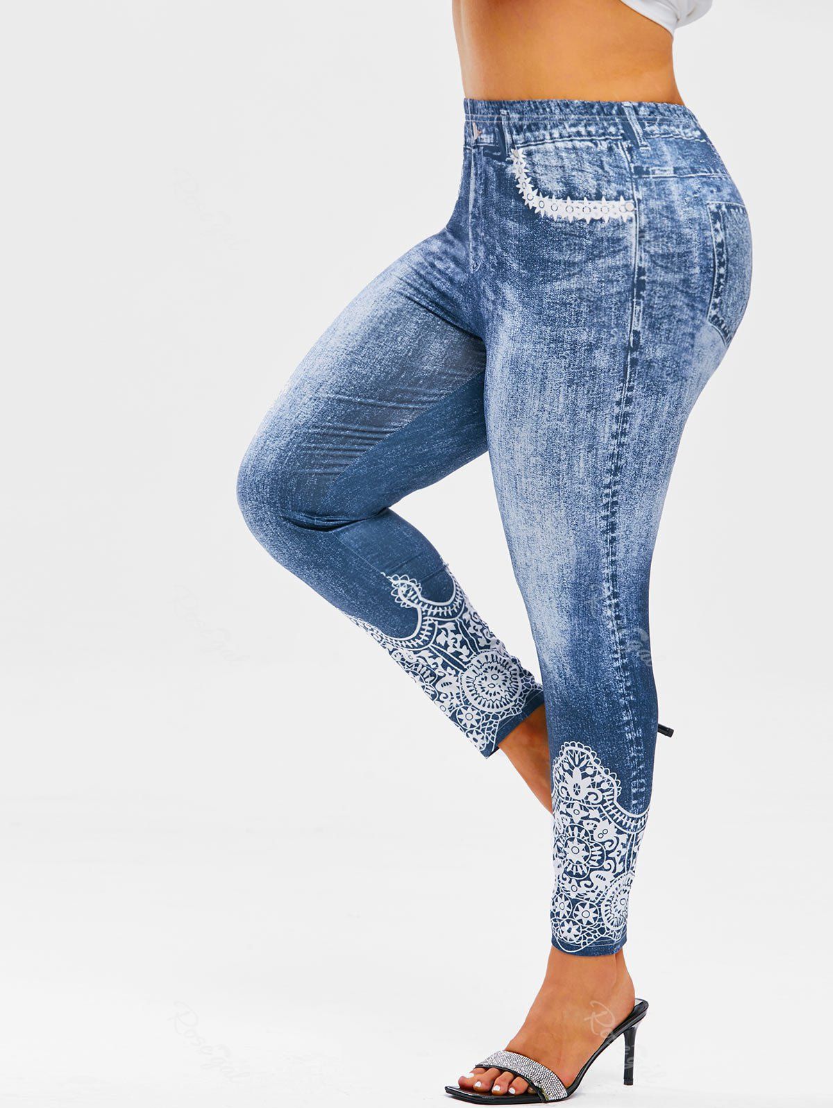Plus Size High Rise 3D Lace Print Ninth Jeggings [27% OFF] | Rosegal