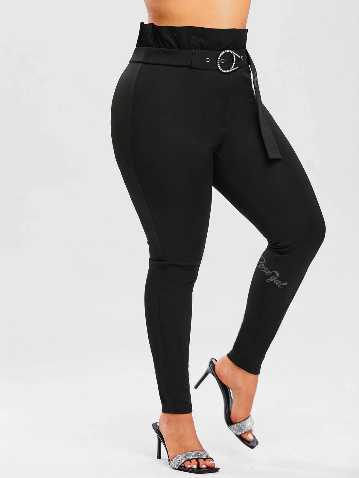 

Plus Size Rhinestone Embellish-belt Skinny Paperbag Pants, Black