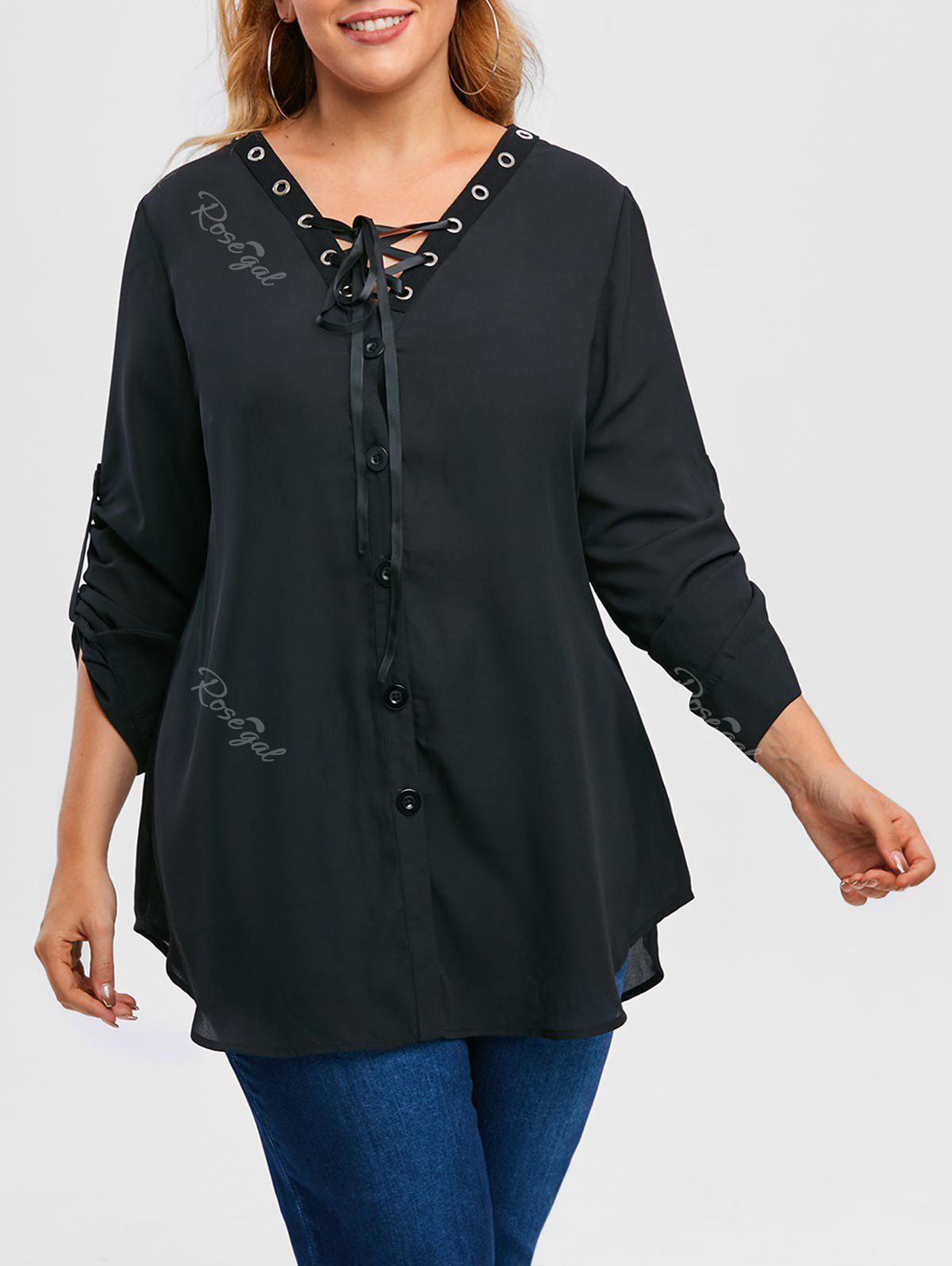 Outfit Plus Size Roll Up Sleeve Lace Up Chiffon Top  