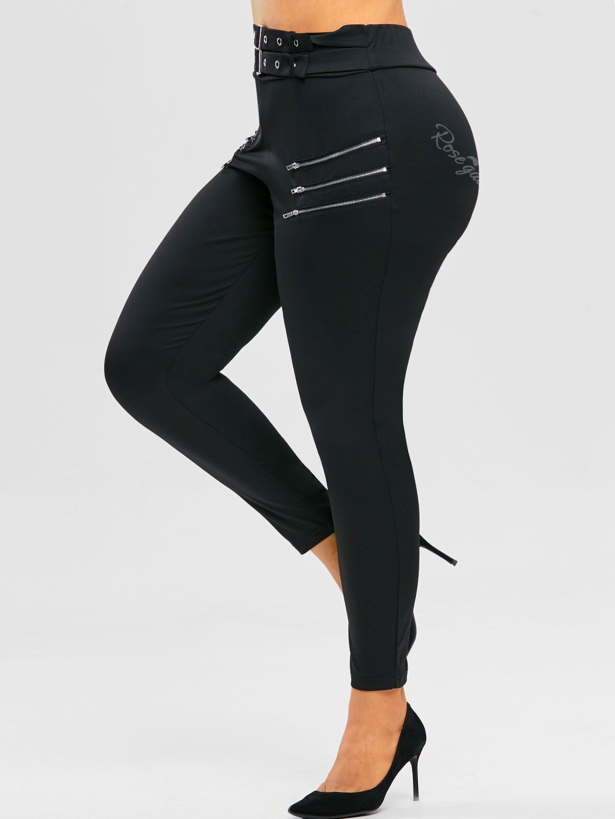 

Plus Size Zippered Buckled Skinny Pants, Black