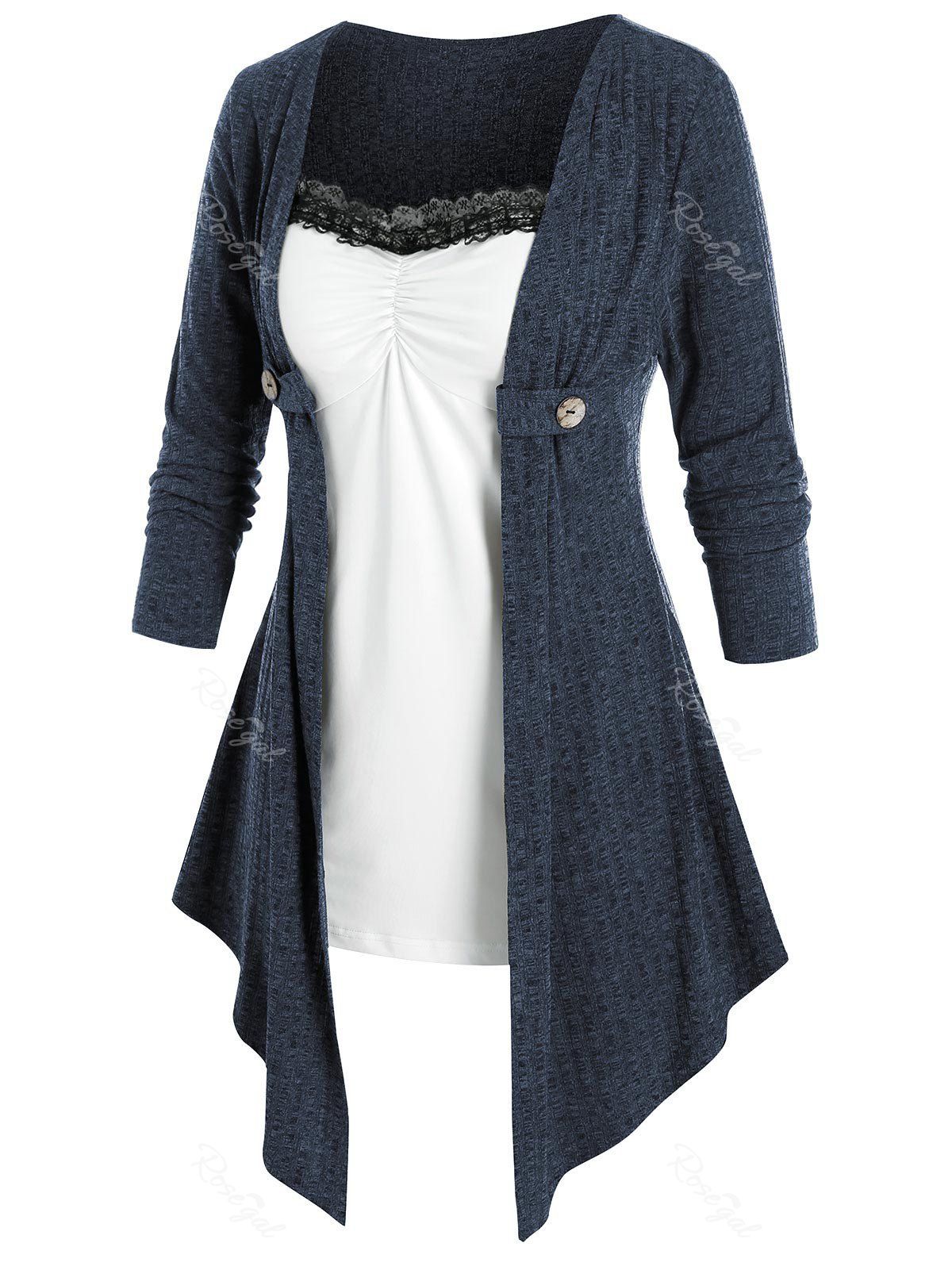 

Plus Size Draped Lace Panel Ruched Tunic Knit Top, Cadetblue