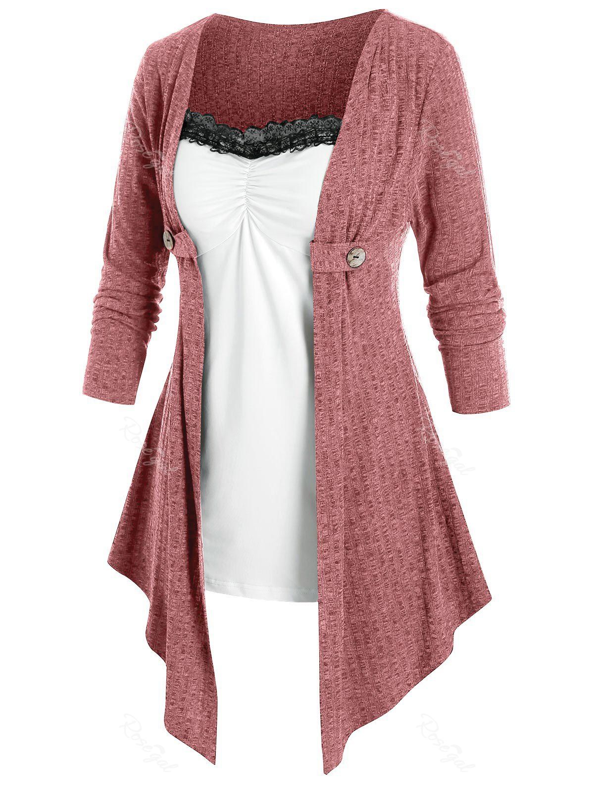 

Plus Size Draped Lace Panel Ruched Tunic Knit Top, Rose