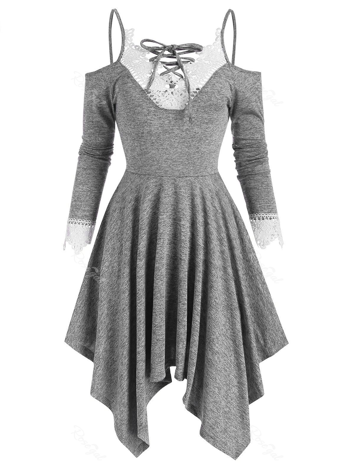 

Lace Panel Open Shoulder Lace Up Long Sleeve Dress, Gray