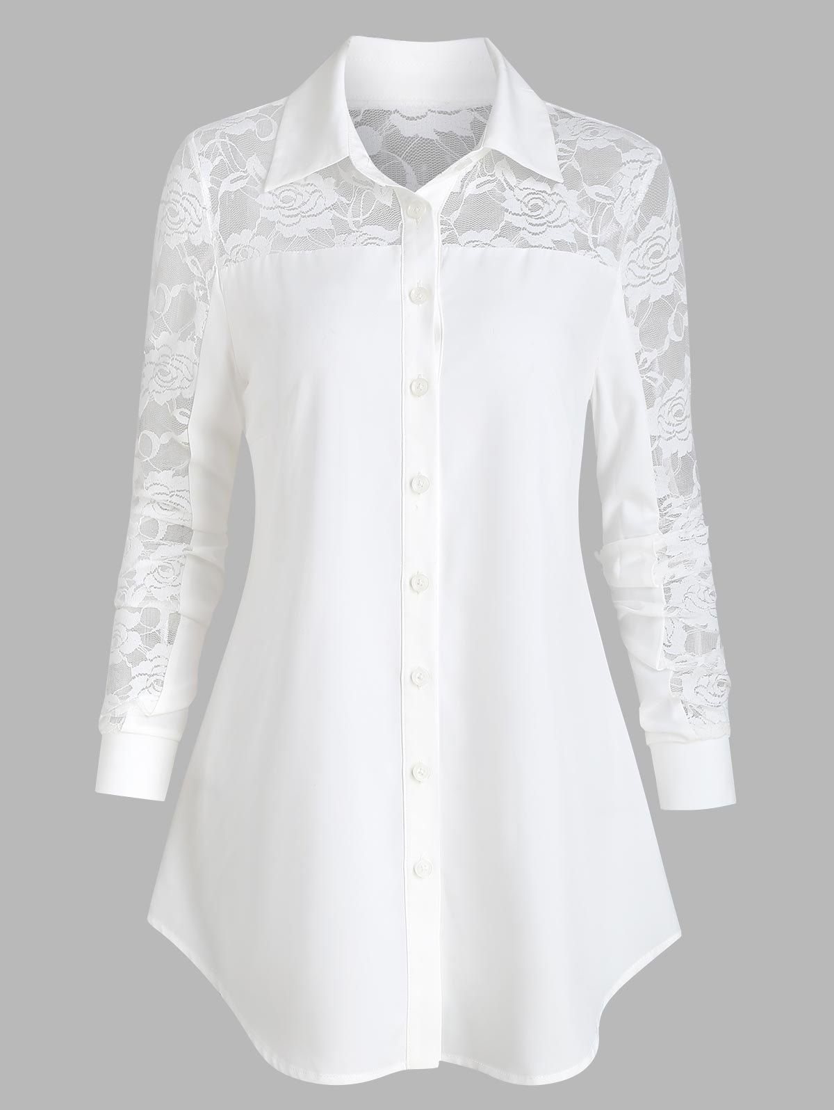

Flower Lace Panel Buttons Blouse, Milk white