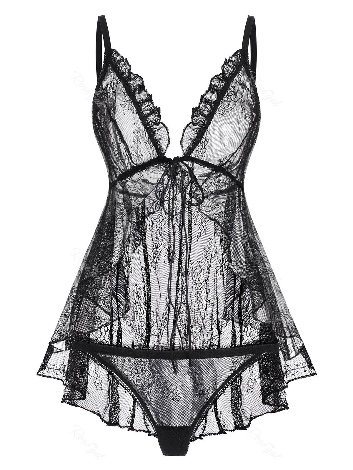 

Plus Size Lace Sheer Flounce Sexy Lingerie Set, Black