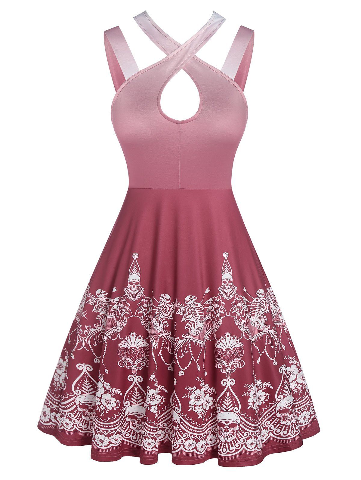 

Gothic Criss Cross Strap Keyhole Flare Dress, Red wine