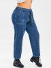 Plus Size Topstitching Belted Wide Leg Jeans -  
