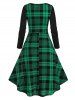 Plaid Print Bowknot Detail Ruched Vintage Dress -  