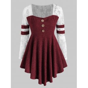 Lace Panel Marled Ribbed Button Front Plus Size Top, Red