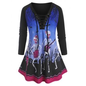 

Plus Size Skeleton Bat Print Lace-up Halloween Tunic Top, Black