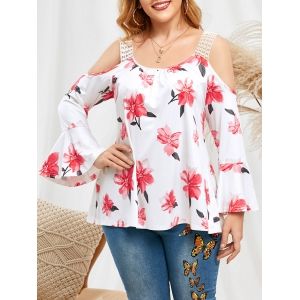 

Plus Size Bell Sleeve Cold Shoulder Floral Tee, White
