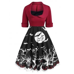 

Halloween Collared Cuffed Pumpkin Bat Print Dress, Red