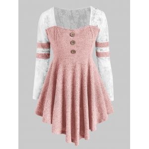 

Lace Panel Marled Ribbed Button Front Plus Size Top, Light pink
