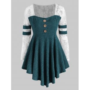 

Lace Panel Marled Ribbed Button Front Plus Size Top, Green