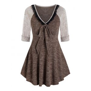 Contrast Space Dye Print Lace Insert Bowknot T-shirt, Wood
