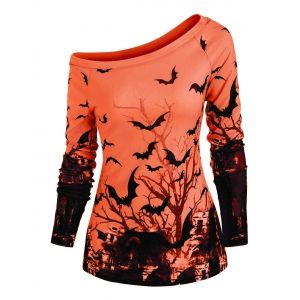 

Tree Bat Print One Shoulder Long Sleeve Knitwear, Orange