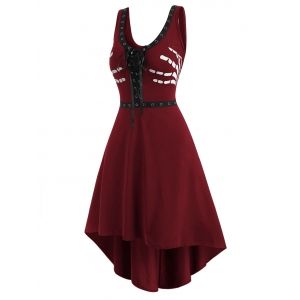 

Grommet Lace-up Halloween Skeleton Hand Dip Hem Dress, Red wine
