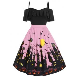 

Plus Size Cold Shoulder Halloween Castle Pumpkin Flounce Dress, Pink