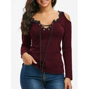 

Lace Panel Cold Shoulder Lace-up T-shirt, Red wine
