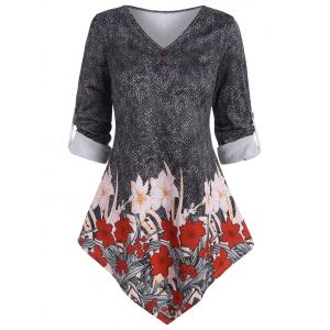 

Asymmetric Hem Flower Print Roll Up Sleeve Tee, Gray