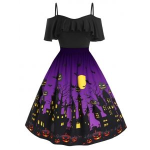 

Plus Size Cold Shoulder Halloween Castle Pumpkin Flounce Dress, Purple iris