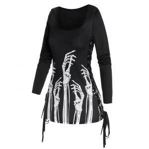 

Gothic Skeleton Hands Print Side Lace Up T Shirt, Black