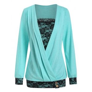 

Lace Panel Button Surplice T Shirt, Medium turquoise