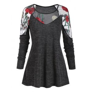 

Lace Sheer Panel Floral Embroidery T Shirt, Dark slate grey