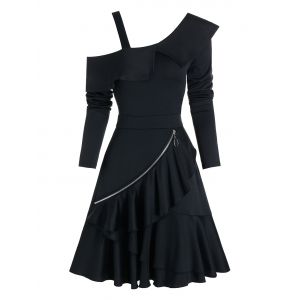 

Cold Shoulder O-ring Zip Layered A Line Dress, Black