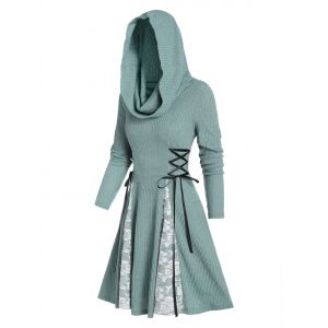 

Hooded Lace Panel Lace-up Ribbed Dress, Cyan opaque