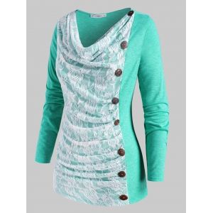 

Mock Button Cowl Front Lace Panel Plus Size Top, Green