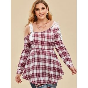 

Plus Size Open Shoulder Buckle Lace Insert Plaid Blouse, Cherry red