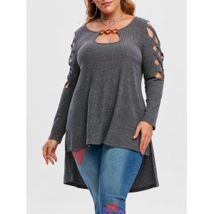 

Plus Size Keyhole Crisscross Heathered High Low Knitwear, Carbon gray